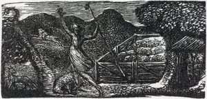 グッドシェパードがソーントン博士の「バージルの牧歌」のイラストからオオカミを追い払う 作： William Blake